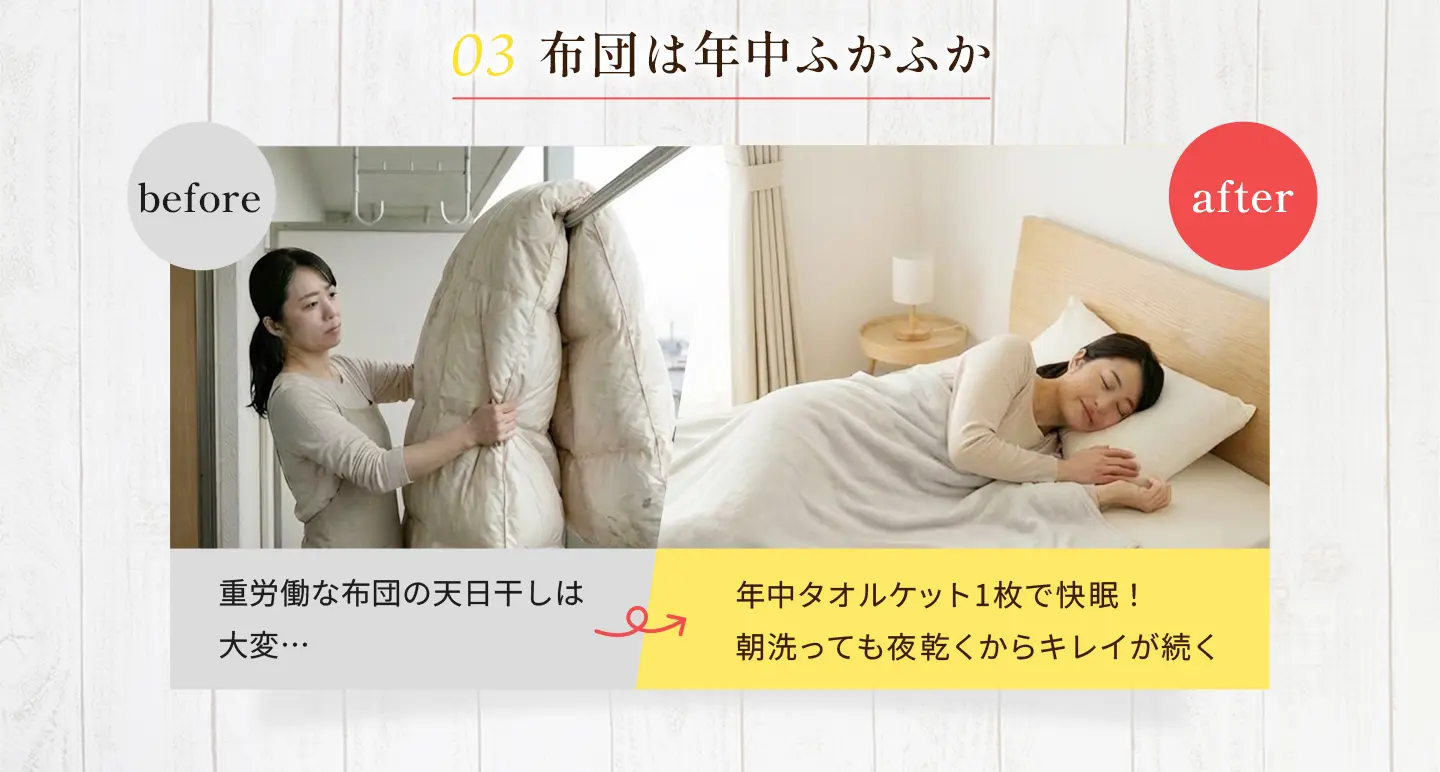 寝具や洗濯物を快適に保ちやすい室内環境を紹介する画像